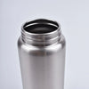A silver stainless steel sport water bottle with a black cap, shown from the side.