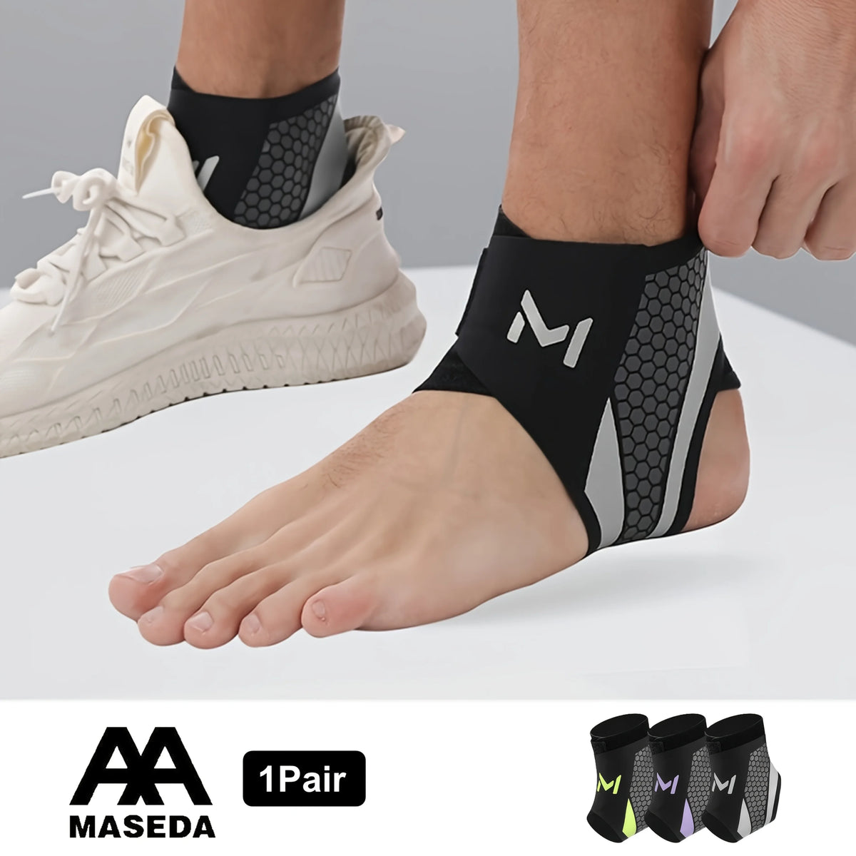 A black ankle compression strap is shown being worn on a foot, with a white athletic shoe visible nearby.