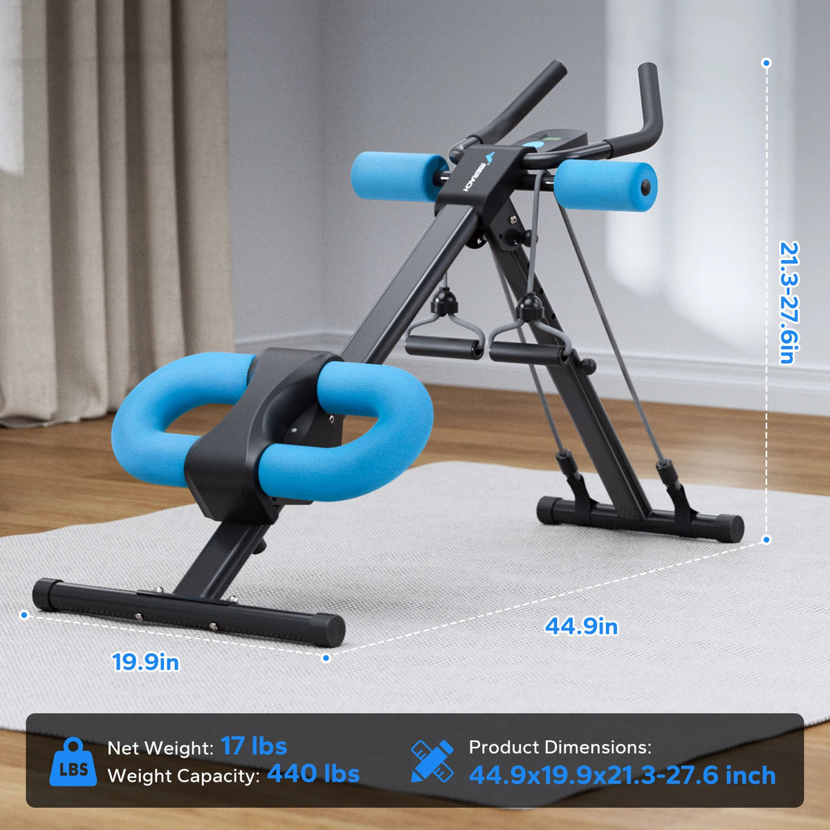 A black adjustable core abdominal trainer with blue handles and pads is shown on a light rug.