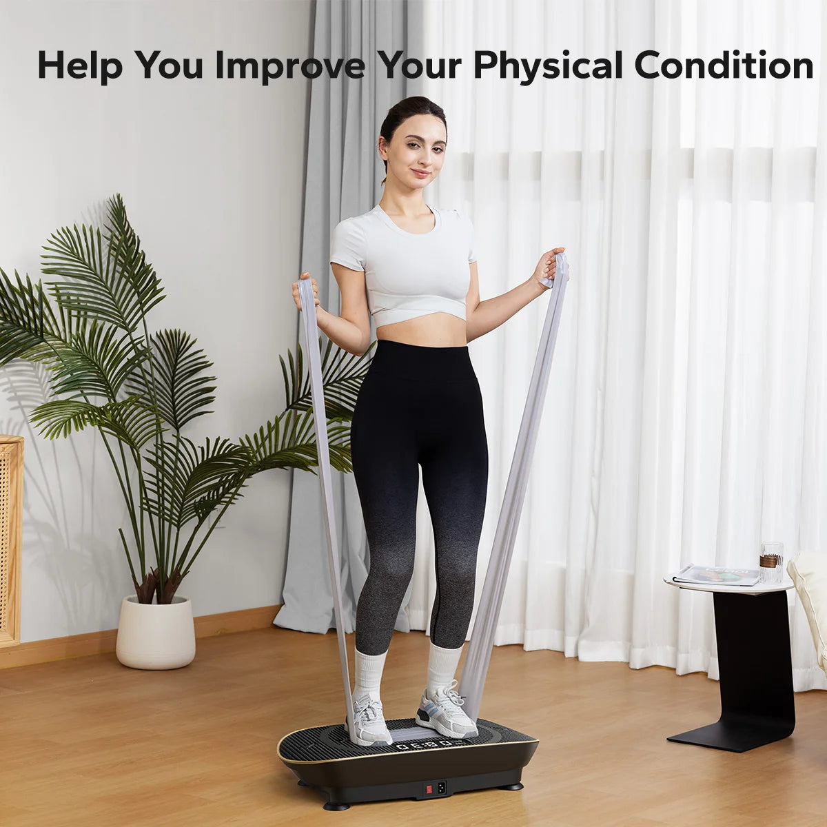 Una mujer está en una máquina de vibración para hacer ejercicio, demostrando un entrenamiento de cuerpo completo.
