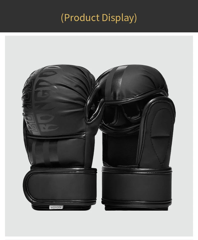 A pair of black PU leather boxing training gloves displayed against a light gray background.