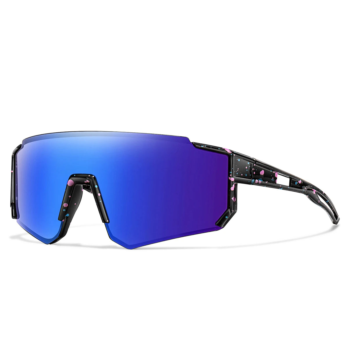 Ein Paar lila und schwarze Jugend-Sport-Sonnenbrillen mit blauen Spiegelgläsern.