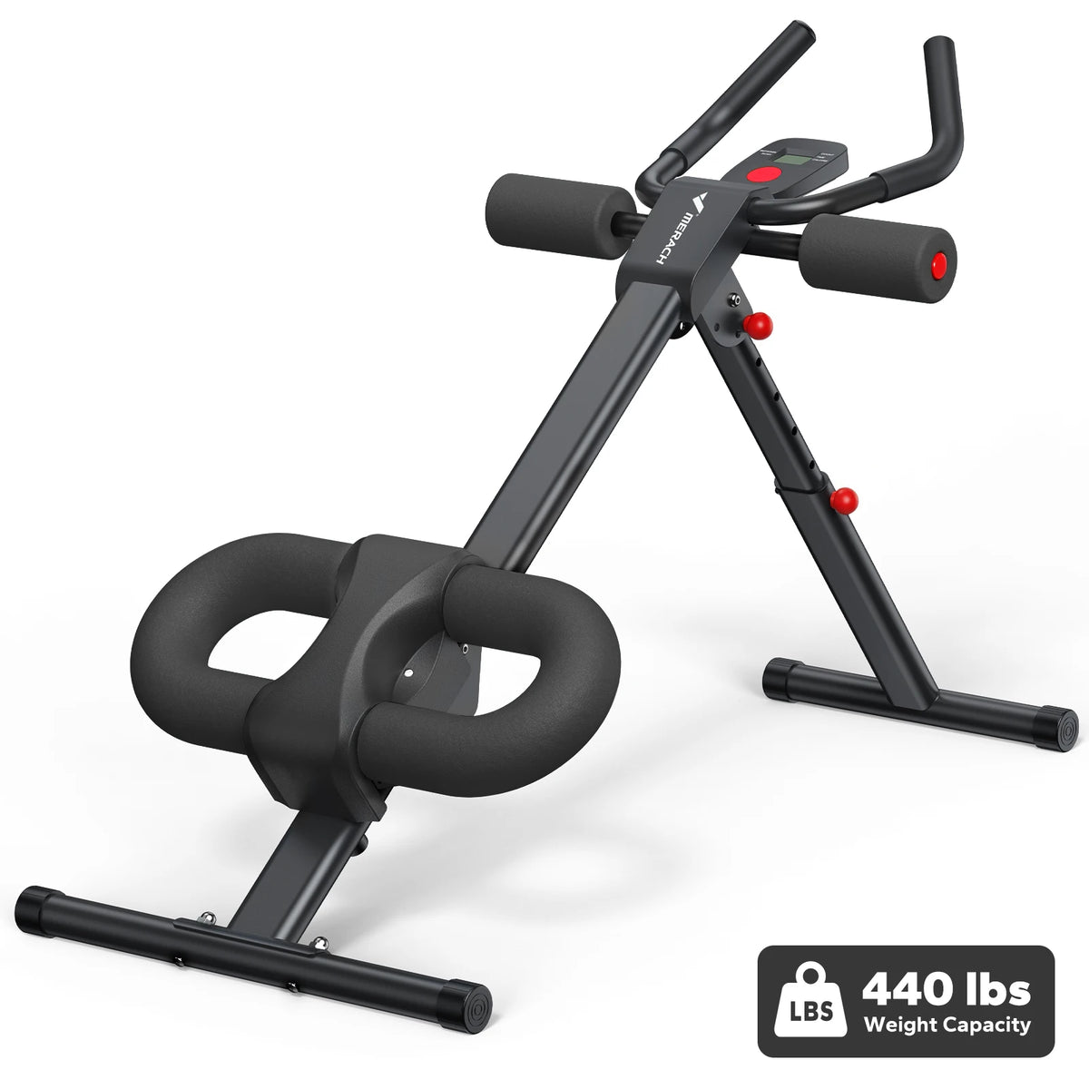 A black adjustable core abdominal trainer with handles and a weight capacity label.