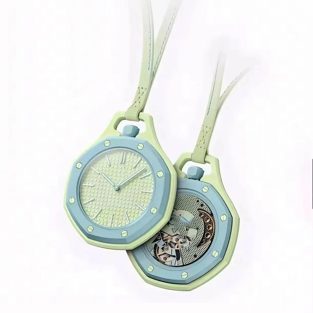 A light mint green octagonal pocket watch pendant with a silver-toned face and a pale green leather strap.