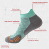 A close-up view of a teal compression sock showing features like a comfort loop, mesh for breathability, Y-shaped reinforceme