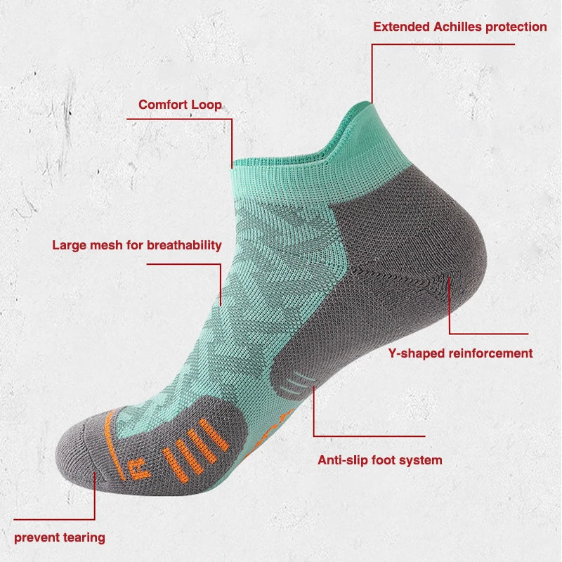 A close-up view of a teal compression sock showing features like a comfort loop, mesh for breathability, Y-shaped reinforceme