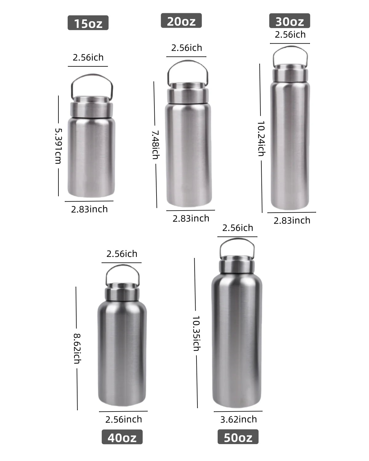 A set of stainless steel sport water bottles in various sizes from 15oz to 50oz