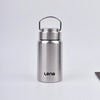 A silver stainless steel sport water bottle with a hinged cap is shown against a light gray background.