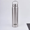 A silver stainless steel sport water bottle with a hinged cap standing upright on a white surface.