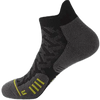 A pair of black professional marathon running compression socks shown from the side.