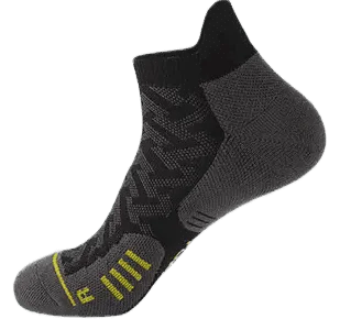 A pair of black professional marathon running compression socks shown from the side.