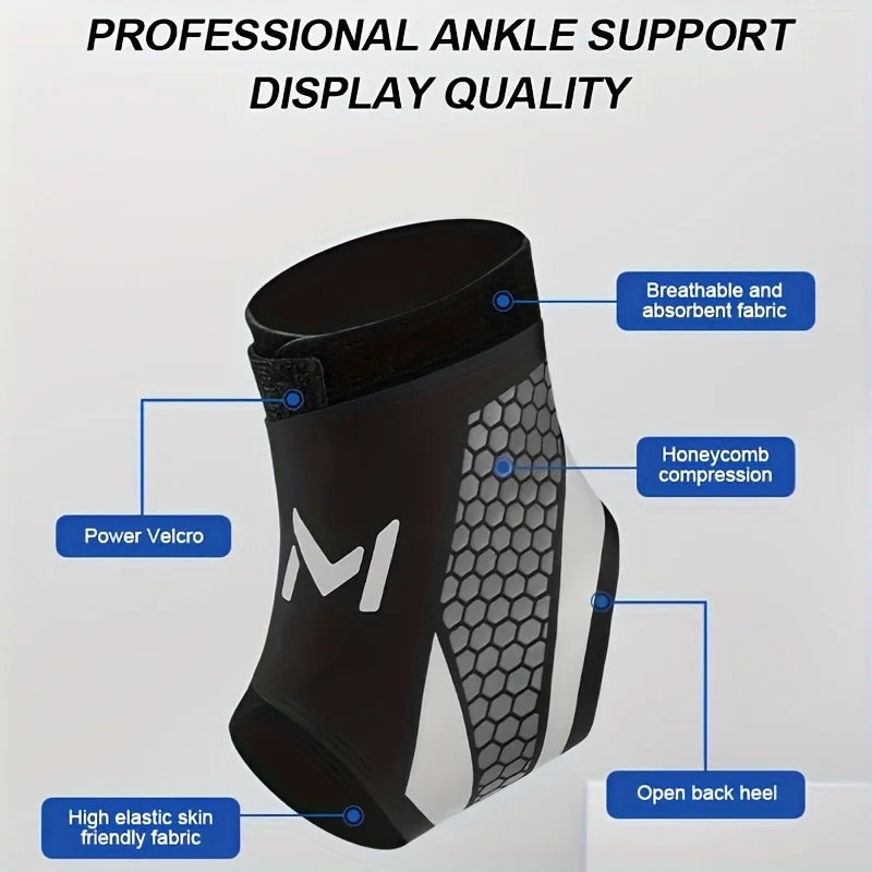 Black and gray ankle support compression strap featuring honeycomb fabric and power velcro