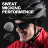 A man wearing a black helmet and sunglasses while demonstrating sweat-wicking performance.