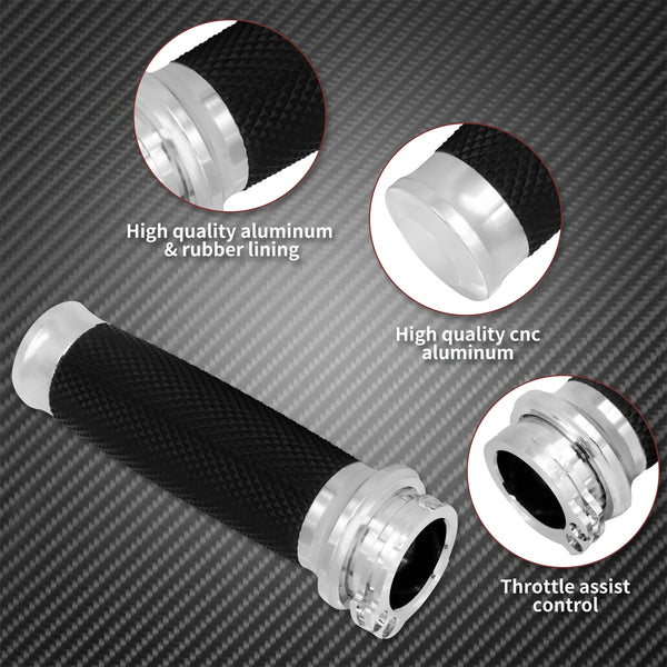 Motorcycle handlebar grips featuring high quality aluminum and rubber lining with throttle assist control.