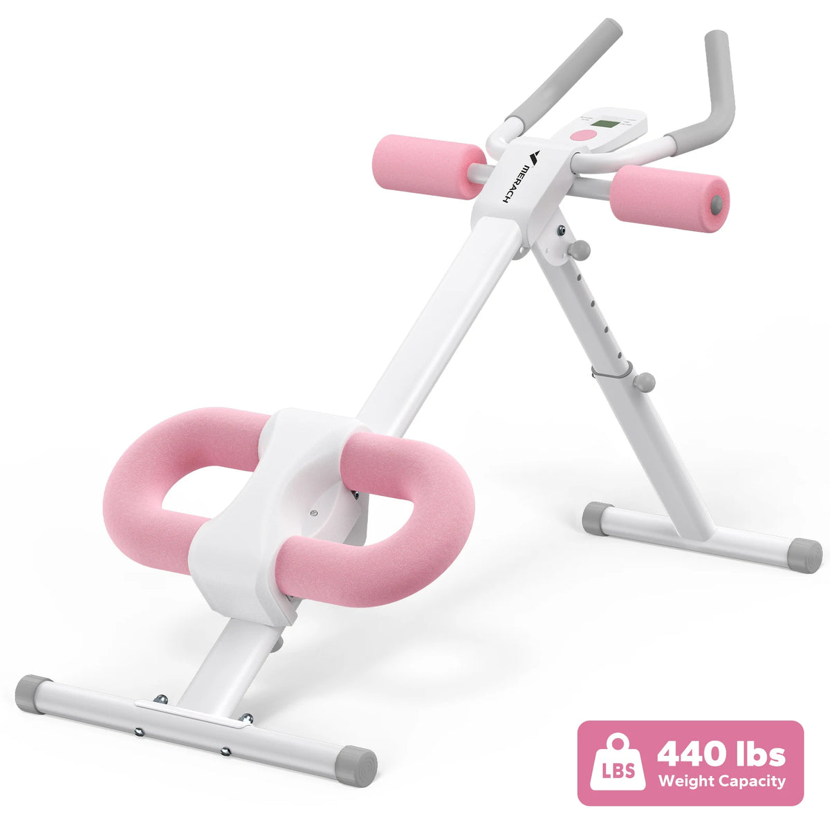 A white adjustable core abdominal trainer with pink handles and a gray base, shown from the side.