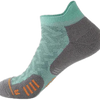 A pair of teal and gray compression socks for marathon running, shown from the side.