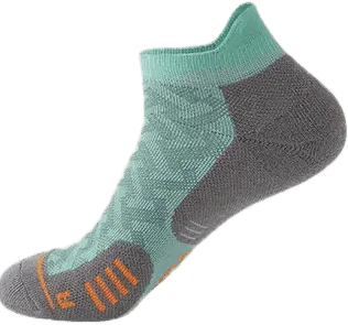 A pair of teal and gray compression socks for marathon running, shown from the side.