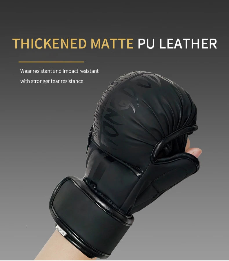 A close-up of a black thickened matte PU leather boxing training glove being held by a hand.