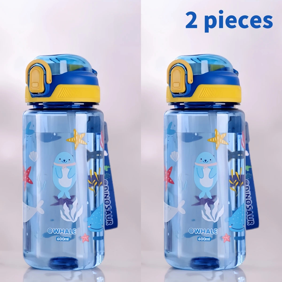 A clear silicone water bottle with a dinosaur design and blue lid, shown in two pieces.