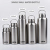 A set of single wall stainless steel water bottles in various sizes from 450ml to 1500ml