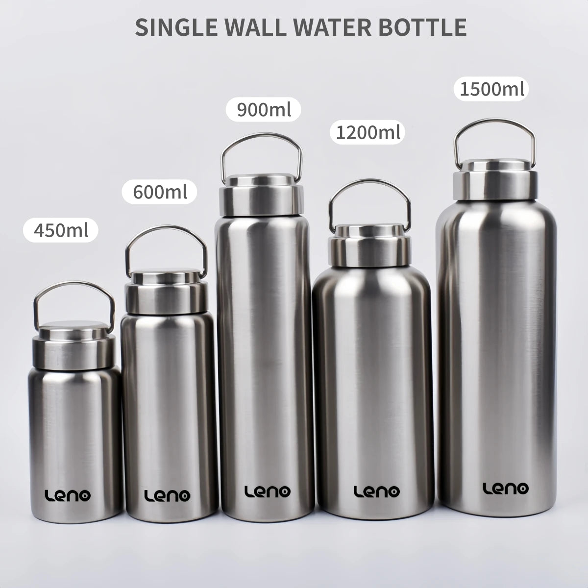 A set of single wall stainless steel water bottles in various sizes from 450ml to 1500ml