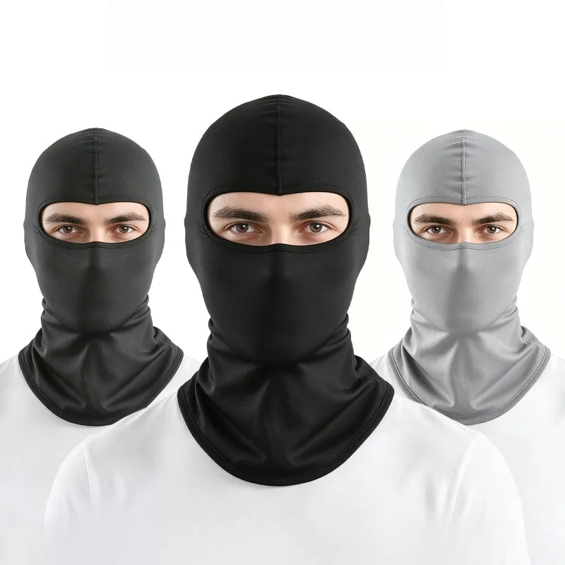 Three men wearing black and gray thermal balaclavas or head coverings.