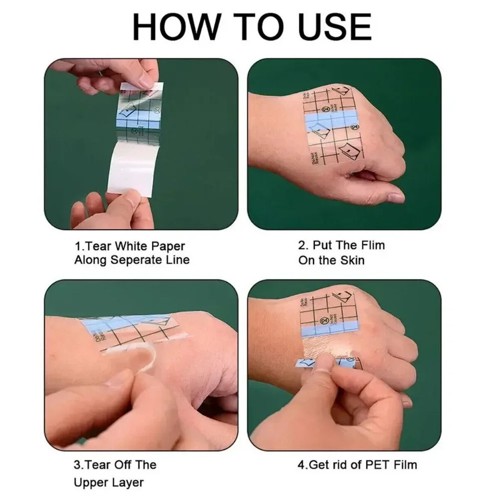 Instructions showing how to use a waterproof film dressing for tattoo aftercare by tearing off layers