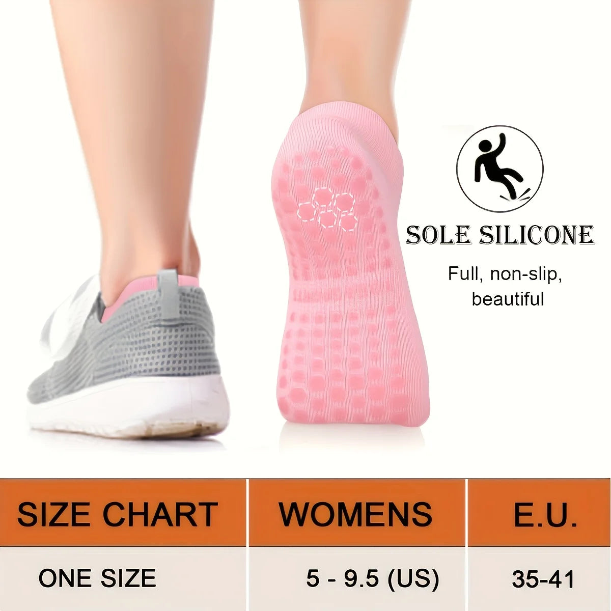 Pink silicone yoga socks shown on a foot, demonstrating the sole for grip and comfort.