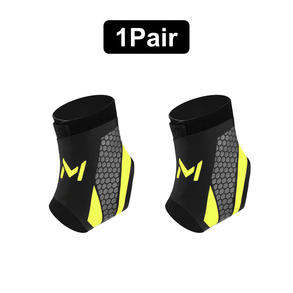 A pair of black and neon yellow adjustable ankle compression straps.