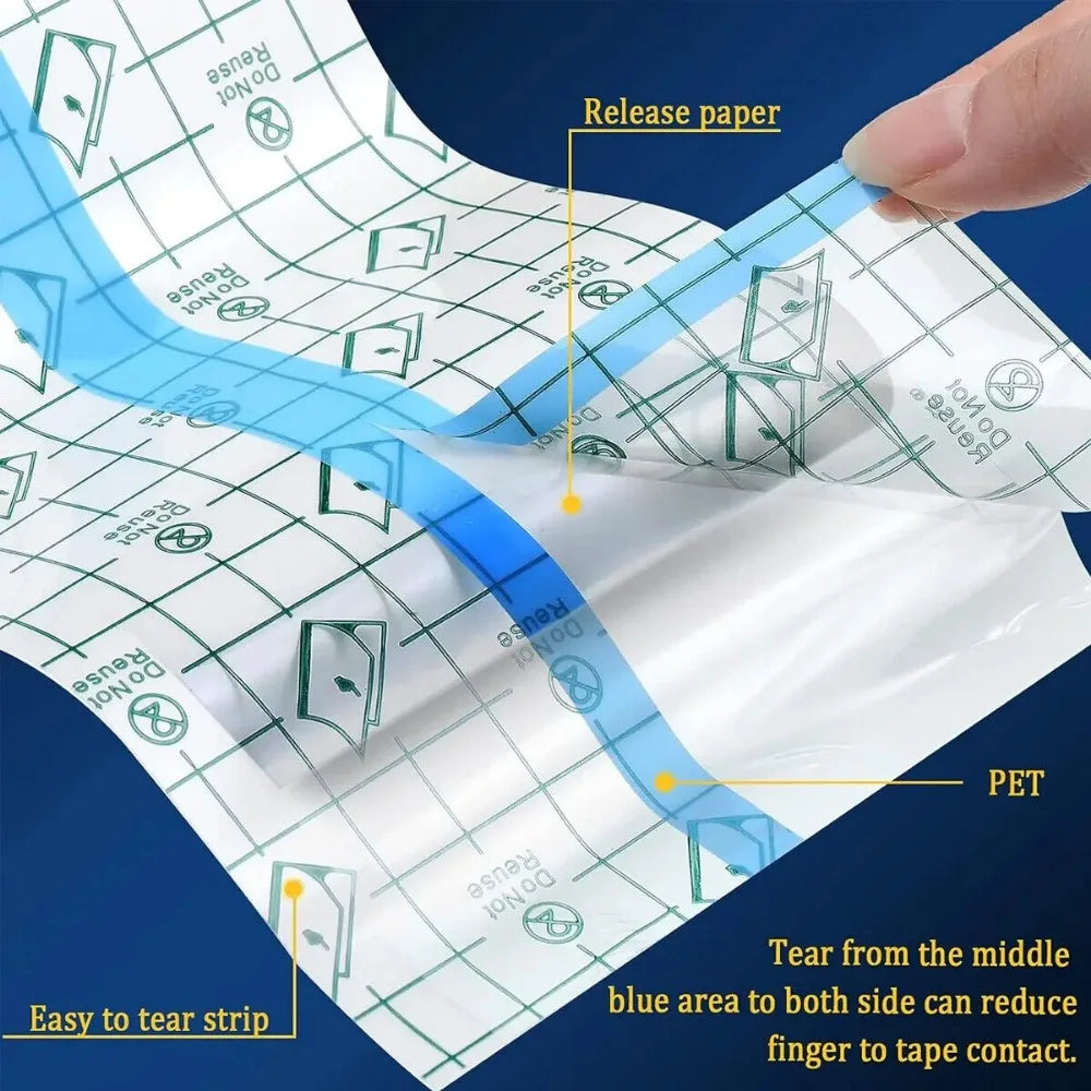 A hand tears a strip from the middle blue area of release paper to reduce finger to tape contact for waterproof film dressing