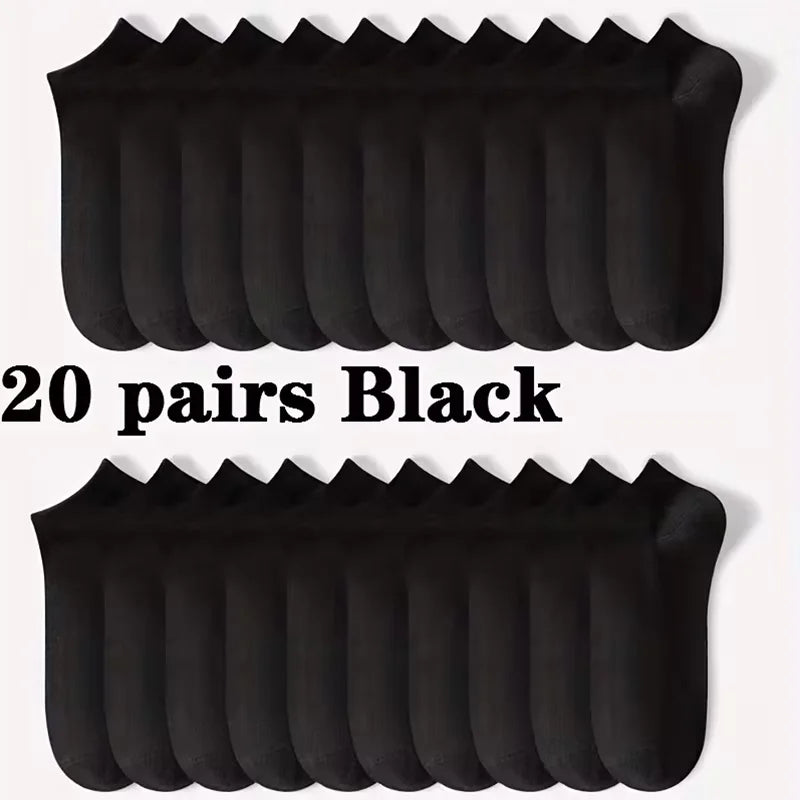 20 pairs of black comfort fit ankle socks displayed in a row.