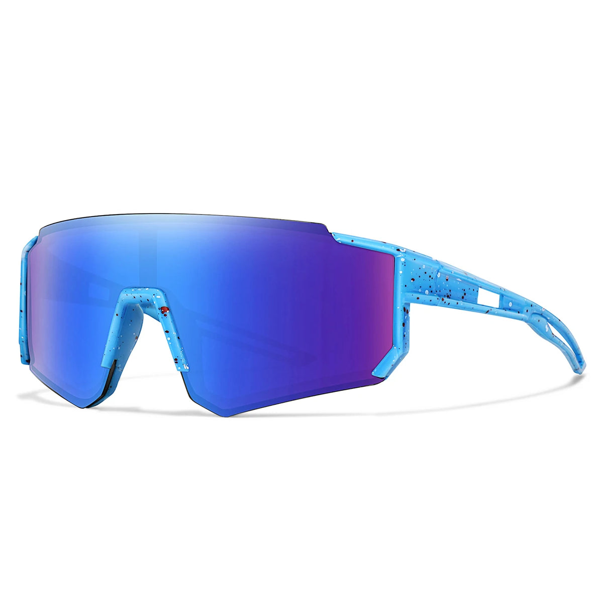 Ein Paar blaue Sport-Sonnenbrille mit hellem blauen Rahmen und lila spiegelnden Linsen.