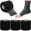 Black athletic foam tape rolled on a leg and displayed in cylindrical rolls.