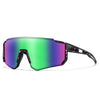 Jugendliche Anti-UV-Sportbrille mit leuchtend grüner Linse und schwarzem Rahmen.