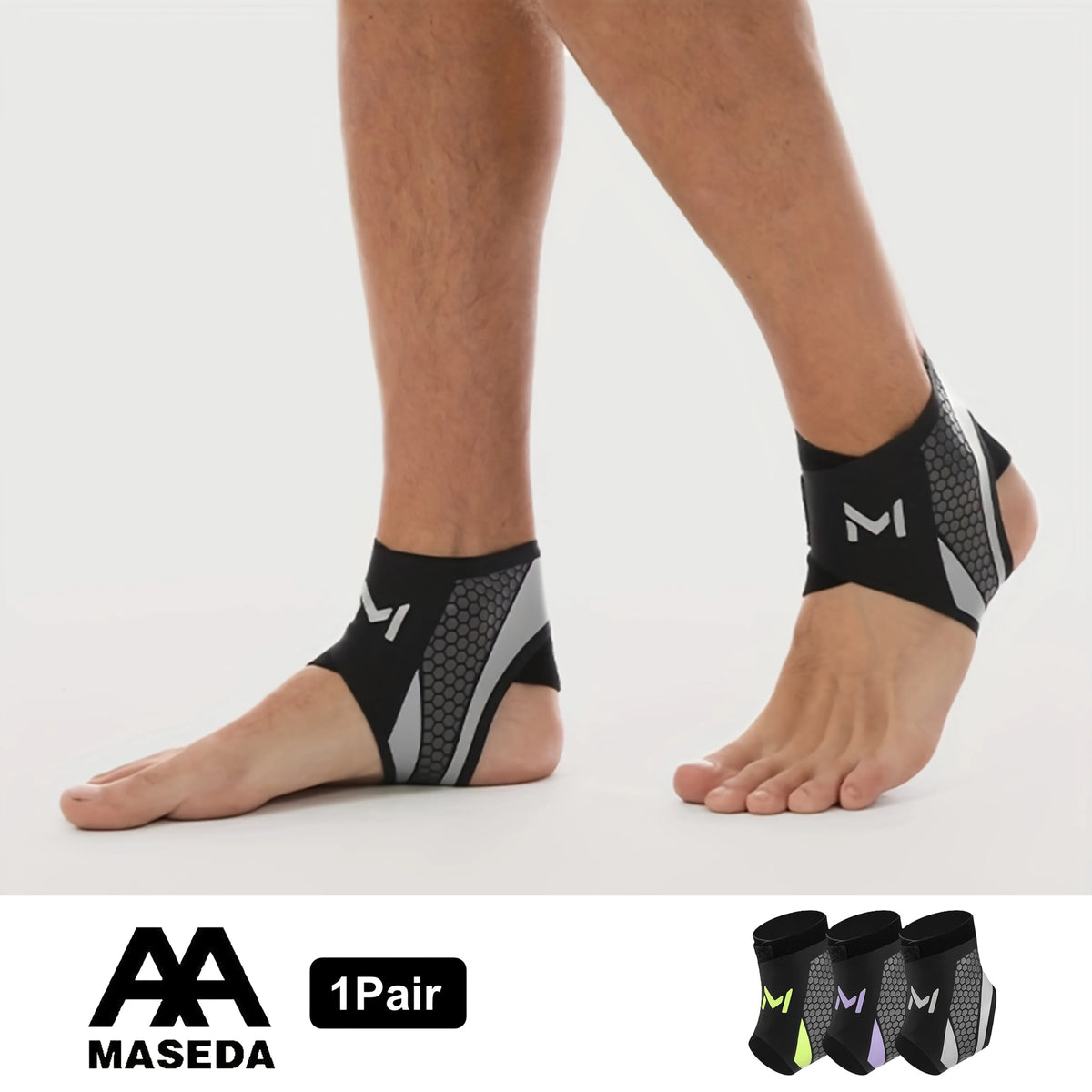 A pair of black and gray adjustable ankle compression straps worn on a person's foot.