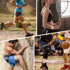 A woman is shown performing a dynamic exercise while wearing athletic gear and foam tape on her leg.