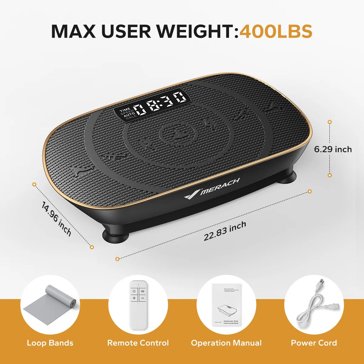 Placa de vibración negra para fitness de cuerpo completo con varios accesorios.