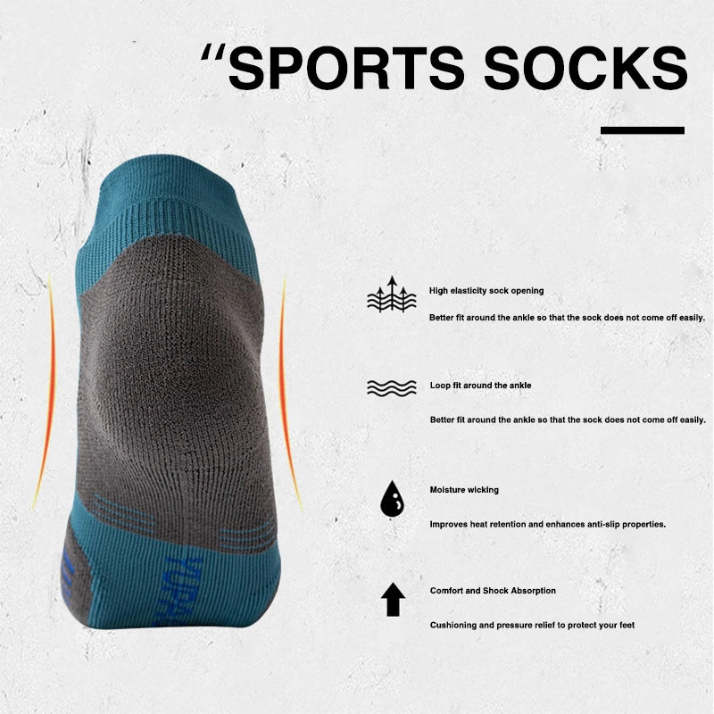 A pair of blue and gray sports socks shown vertically, highlighting features like elasticity, moisture-wicking, and shock abs