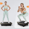Una mujer demuestra ejercicios de cuerpo completo como postura de pie, flexiones, media sentadilla y postura sentada usando u