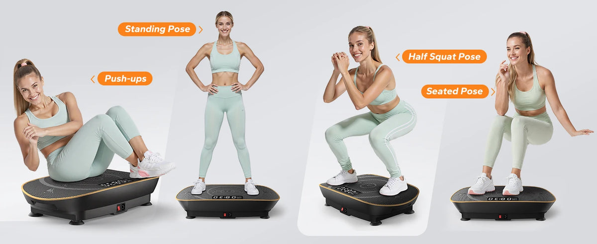 Una mujer demuestra ejercicios de cuerpo completo como postura de pie, flexiones, media sentadilla y postura sentada usando u