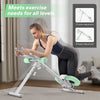 A woman is using an adjustable core abdominal trainer for exercise, demonstrating incline and height adjustments.