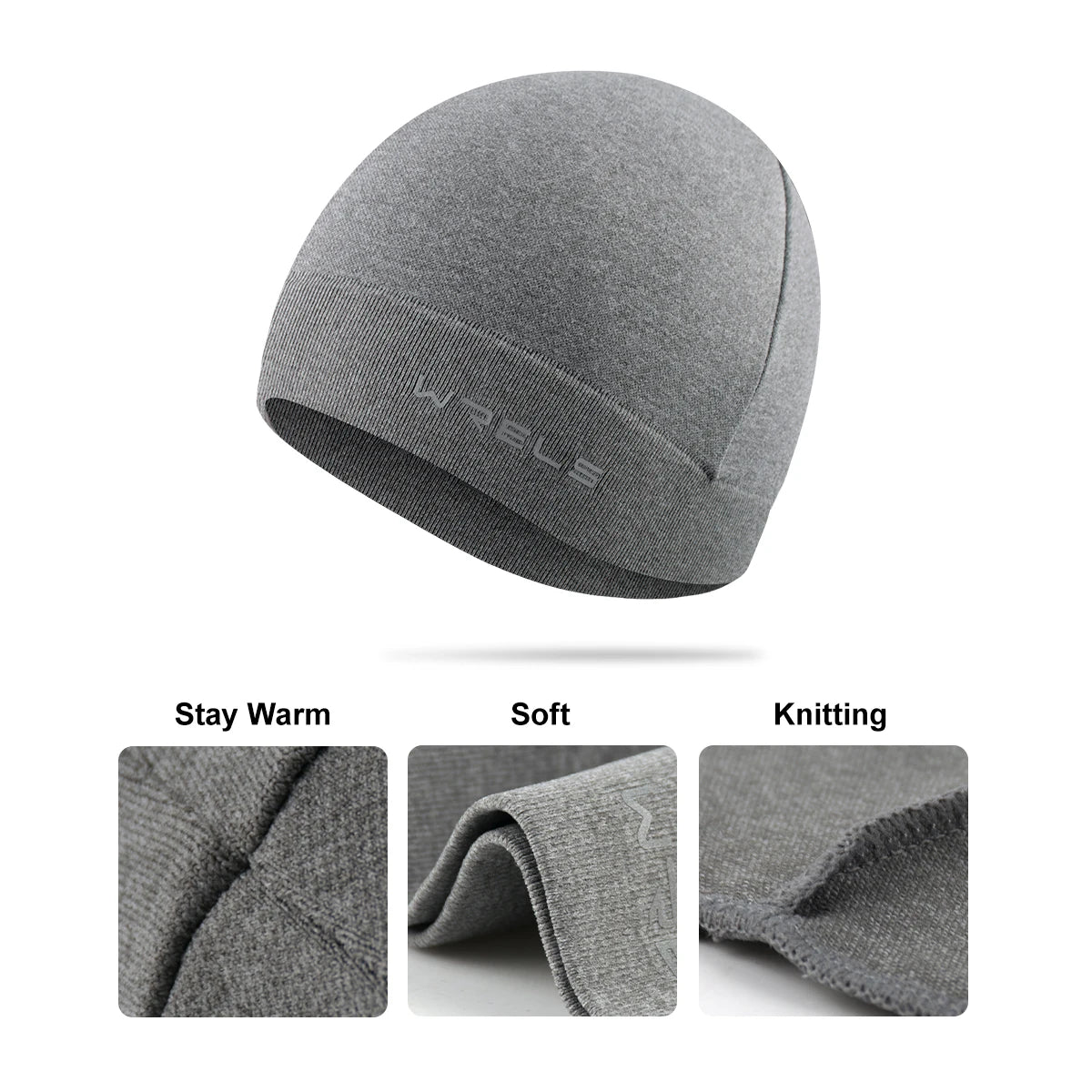 A gray knitted beanie hat shown in various views highlighting its warmth, softness, and knitting texture.