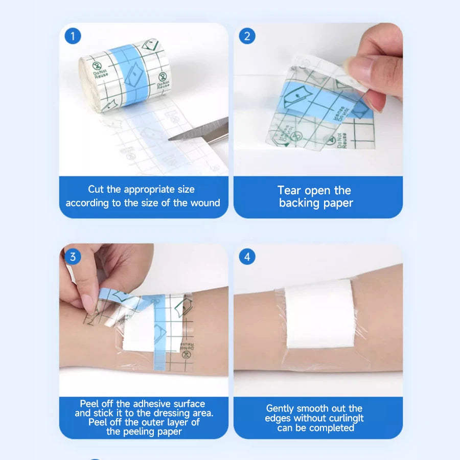 Schritt-für-Schritt-Anleitung zur Anwendung von wasserfestem Stretch-Klebeband auf eine Wunde.