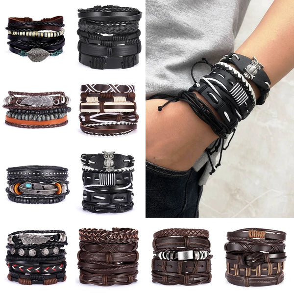 A collection of handmade leather bracelets featuring various leaf and feather charms stacked on a wrist.