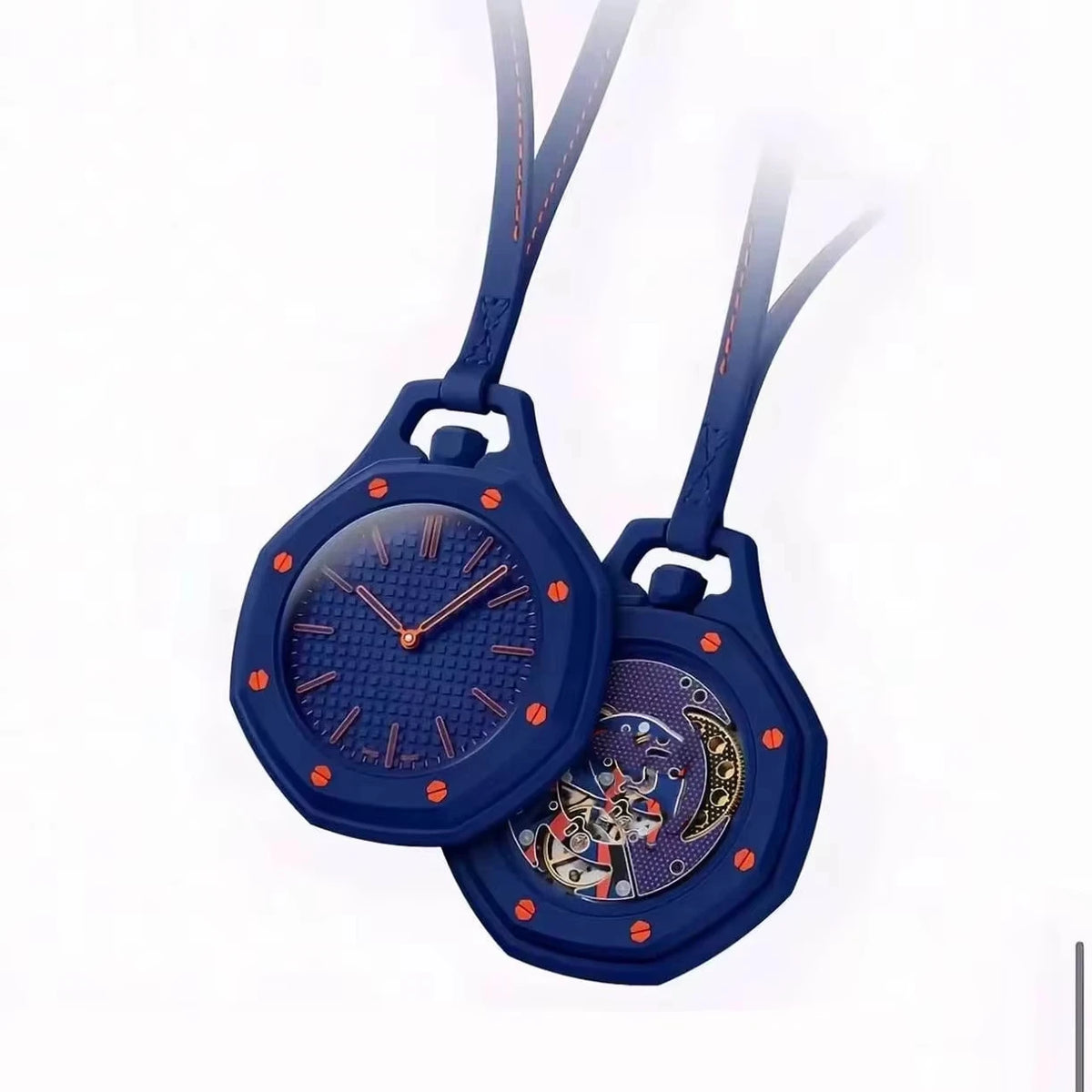A blue octagonal pocket watch pendant with a gold-colored chain and a detailed watch face.
