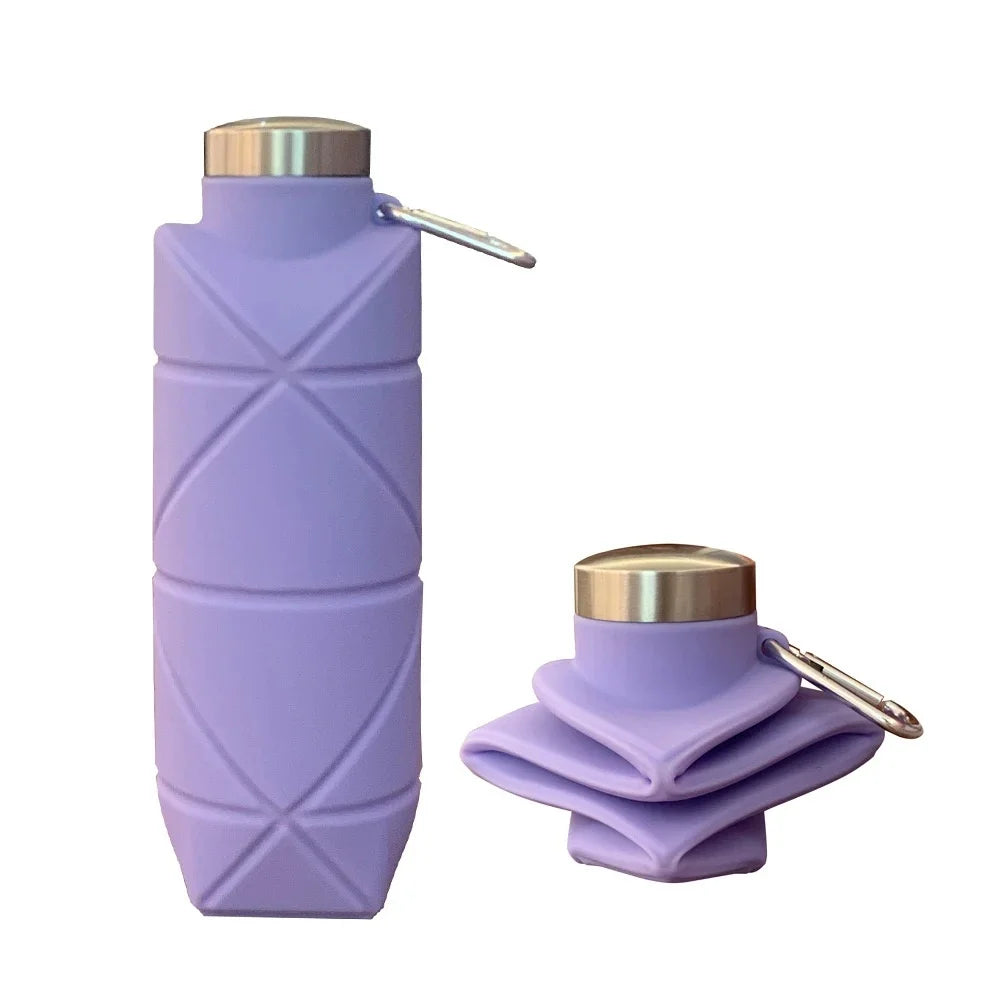 A purple collapsible silicone travel water bottle with a silver cap and clip.