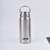 A silver stainless steel sport water bottle with a hinged cap is shown against a light gray background.