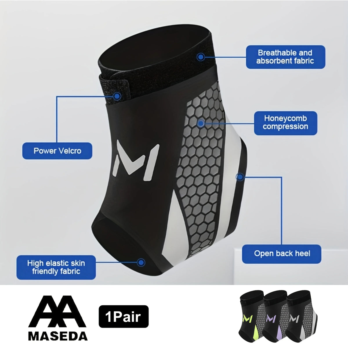 Black and gray ankle compression strap with honeycomb fabric and power velcro for support