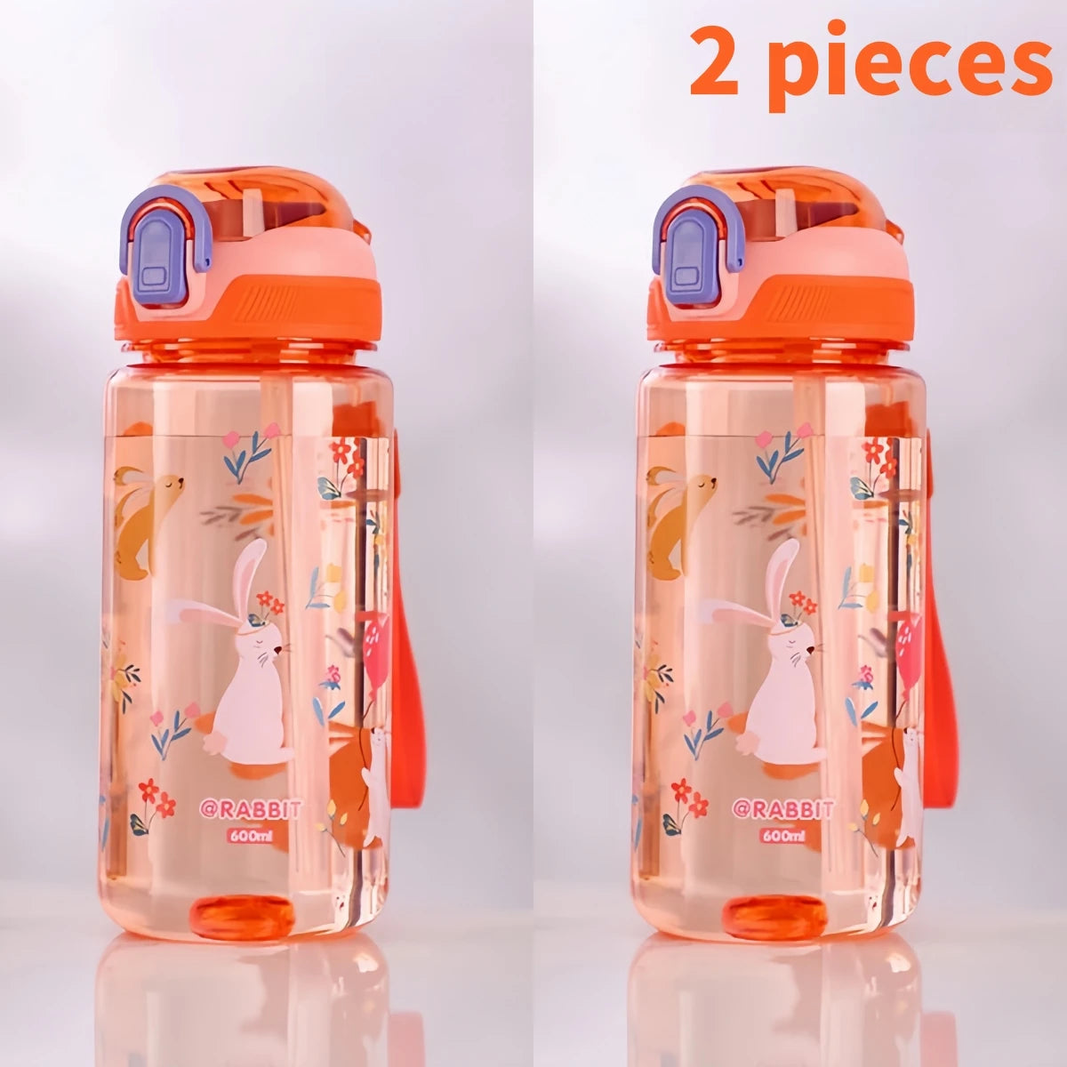 Two clear silicone straw water bottles with rabbit designs in orange and pink colors
