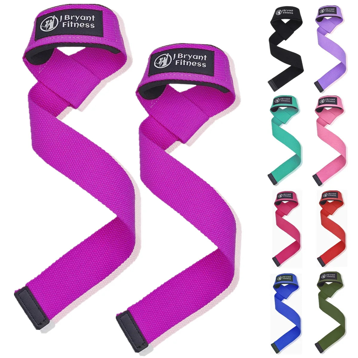 A set of bright purple gym wrist straps for grip and stability, shown in various colors.